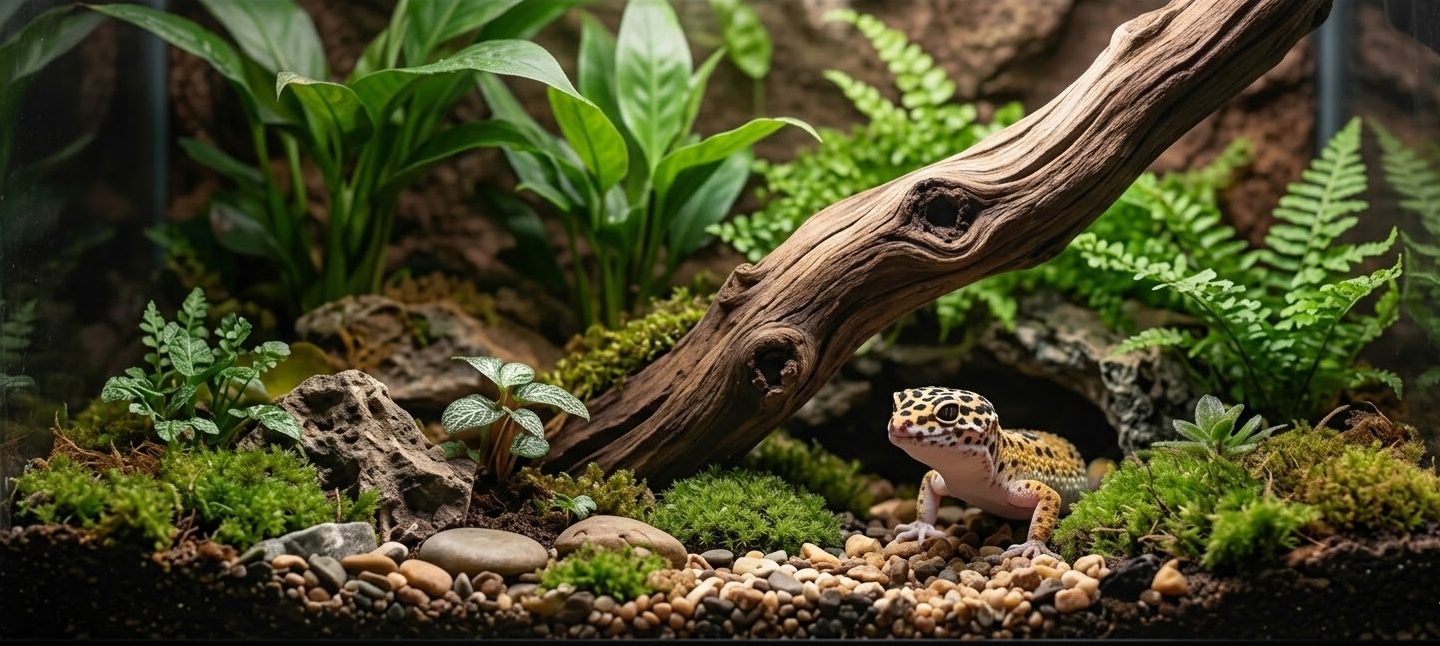 Terrário realista montado com tronco rústico, musgo verde vibrante e um gecko leopardo explorando o ambiente