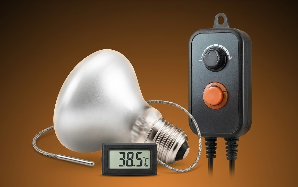 Lâmpada de aquecimento ao lado de um termostato digital marcando a temperatura de 38.5 graus Celsius