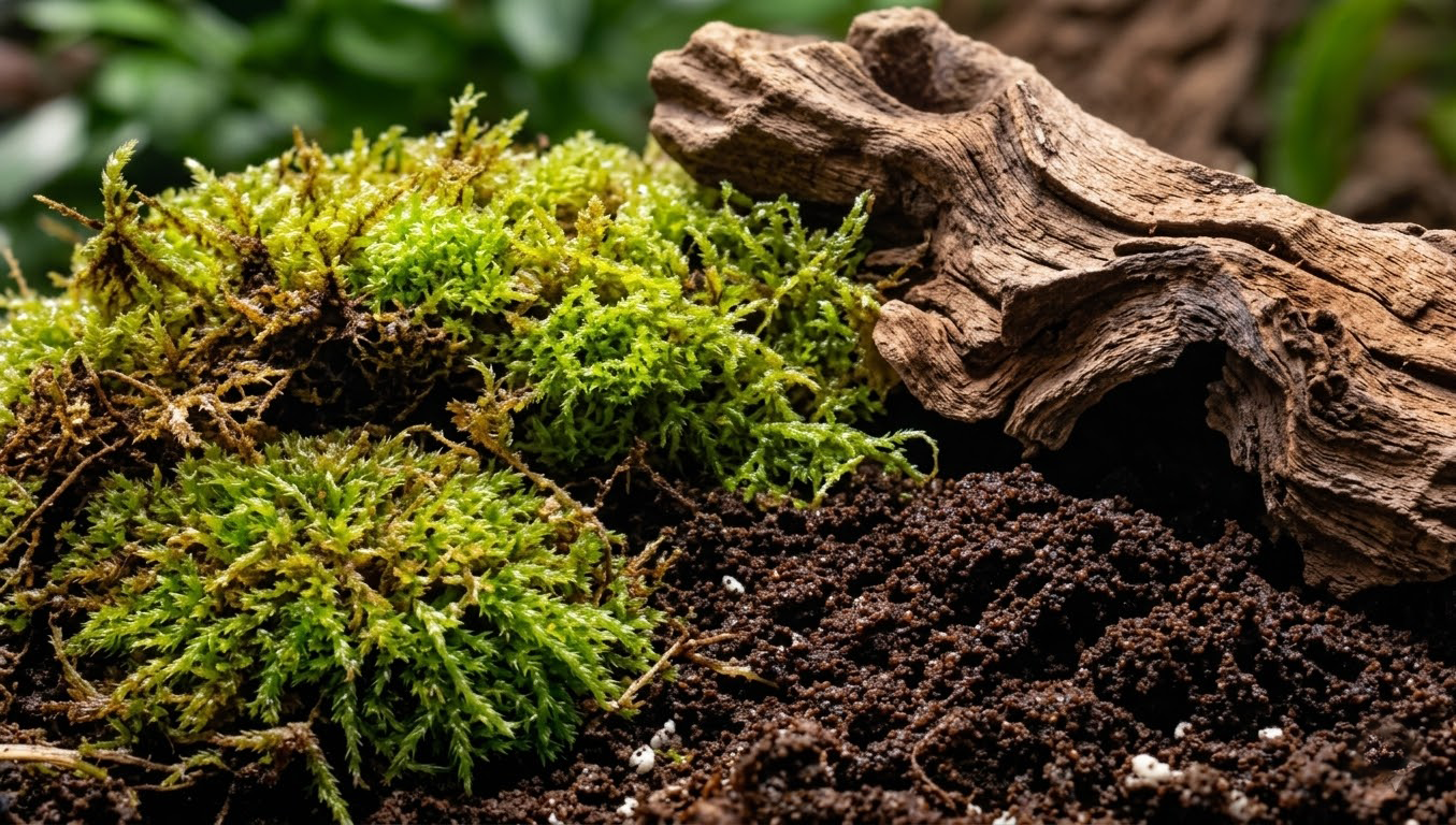 Detalhe em alta definição de musgo verde vivo sobre substrato de terra escura com pedaços de tronco