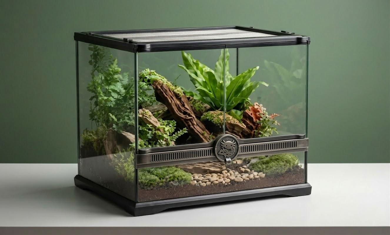 Terrário de vidro com fechadura frontal personalizada, fendas horizontais para ventilação e plantas vivas no interior